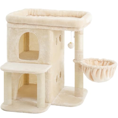 Heybly Cat Tree, 26.3-inch Cat Tower with Spacious Top Perch for Large Cats, Stair-Style Cat House Furniture with Dual-Layer Condos, Sisal Scratching Posts, Cozy Basket & Pompom, Beige HCT204SM - color: Beige, size: 26.3 inch