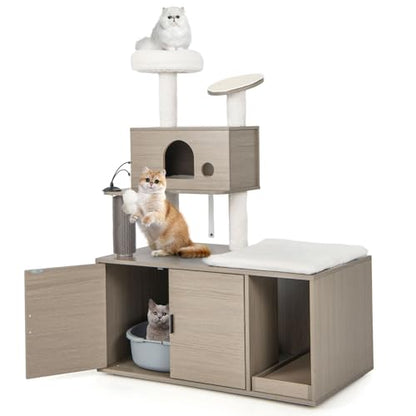 Tangkula Cat Tree with Litter Box Enclosure, Cat Tower with Litter Box, Cat Condo, Scratching Board, Soft Plush Perch, Dangling Balls, Groomer, Modern Hidden Litter Box Furniture for Indoor Cats
