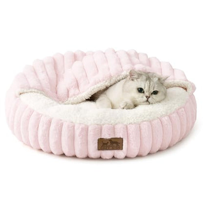 Cat Bed with Hooded Blanket, Round Fluffy Anti-Anxiety Pet Bed for Cats/Toy Breed Dogs, Cozy Donut Cuddler with Machine Washable Faux Fur & Anti-Slip Bottom(20"×20"×6",Pink) - color: Pink, size: 20"×20"×6"