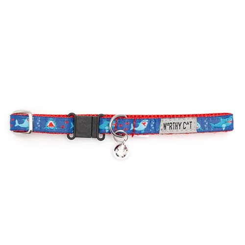 THE WORTHY DOG Chomp Cat Collar with Bell, Adjustable Nylon Safety Collar, Blue, One Size - color: Blue-Chomp