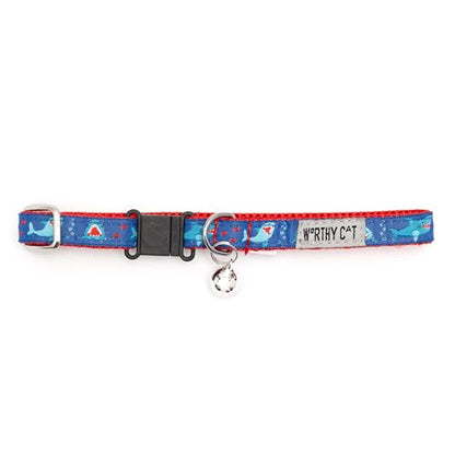 THE WORTHY DOG Chomp Cat Collar with Bell, Adjustable Nylon Safety Collar, Blue, One Size - color: Blue-Chomp