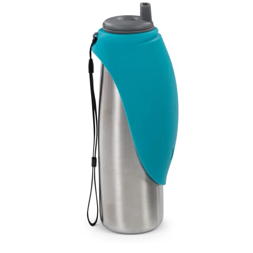 Messy Mutts Double Wall Vacuum Insulated Stainless Steel Travel Water Bottle with Silicone Flip Up Bowl | Pet Travel Necessity | Camping, Hiking, Walking Accessory | 20 oz / 600mL | Blue