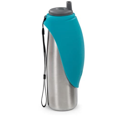 Messy Mutts Double Wall Vacuum Insulated Stainless Steel Travel Water Bottle with Silicone Flip Up Bowl | Pet Travel Necessity | Camping, Hiking, Walking Accessory | 20 oz / 600mL | Blue
