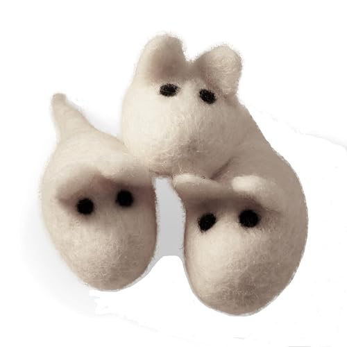 Cat Mouse Toys - 3 Felted Wool Mouse Toys Without Catnip for Indoor Cats and Kittens - Large Handmade Mice - White