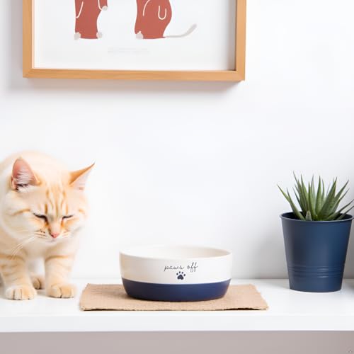 Pearhead Ceramic Cat Bowl – Navy Blue “Paws Off” Design, Holds 12 oz, Stoneware Pet Dish, Non-Skid Feeding Bowl - color: Navy Paws Off, size: Single Bowl