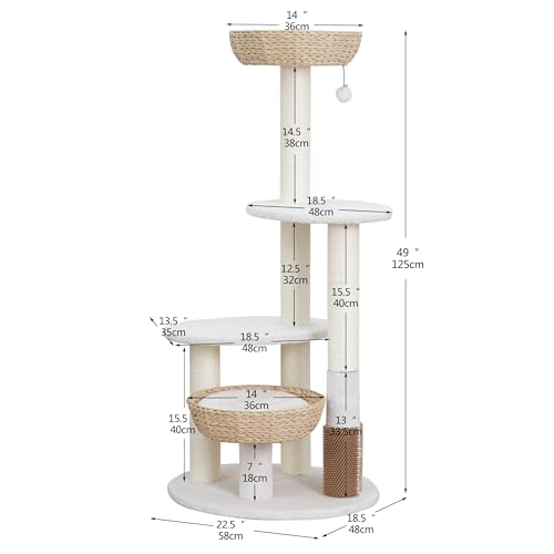 PetPals® Pharaoh 5-Level Cat Tree with Recycled Paper Rope Baskets, Sisal Scratching Posts, Teaser Toy, Massager, Eco-Friendly Boho Cat Furniture for Cats Up to 15 lbs - color: Beige