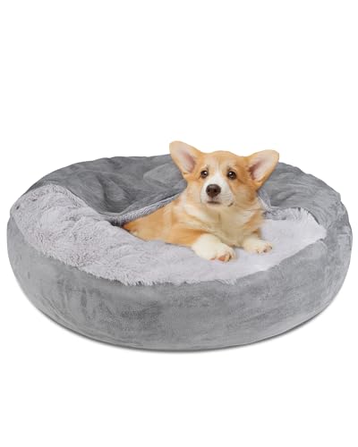 Pet Soft Small Dog & Cat Bed - Round Calming Cuddler with Cover & Cave - Washable for Small, Medium Dogs & Cats (Grey, 27") - color: Grey, size: Medium (27"x27"x8")