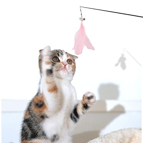 Retractable Cat Teaser Wand, 38.8in Telescopic Feather Toy with Carbon Fiber Rod and Bell for Indoor Kittens (Pink) - color: Pink
