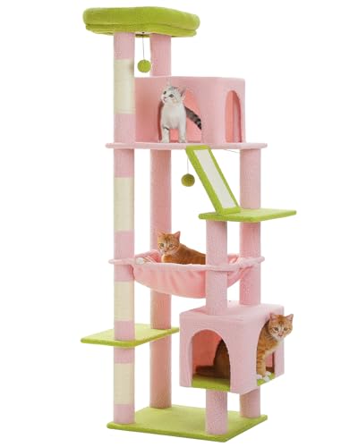 MUTTROS Pink 71" Tall Cat Tree for Large Cat 20 lbs with Super Large Hammock, Heavy Duty Cat Tower with 4 Sisal Scratching Posts & 2 Spacious Condos for Big Adult Cats Maine Coon -Green - color: Pink, size: 71inch