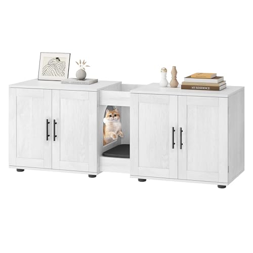 Garvee Cat Litter Box Enclosure for 2 Cats, 55" Hiddden Litter Box Enclosure Furniture 3-in-1 Wooden Litter Cabinet with Barn Door & Double Rooms for Bedroom Living Room,White - color: White
