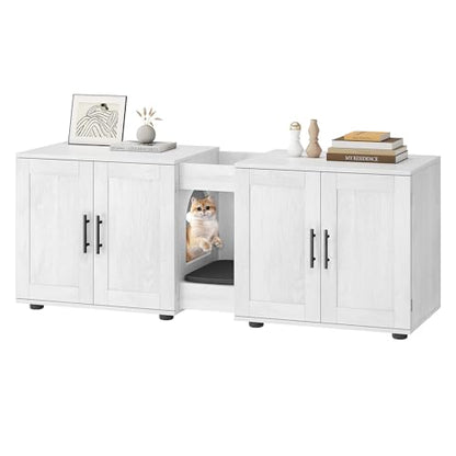 Garvee Cat Litter Box Enclosure for 2 Cats, 55" Hiddden Litter Box Enclosure Furniture 3-in-1 Wooden Litter Cabinet with Barn Door & Double Rooms for Bedroom Living Room,White - color: White