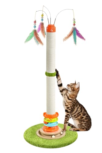 YARUOMY Cat Scratching Post，40'' Tall Cat Scratcher Tree Cat Toys for Indoor Cats with Cat Toys 4-Tier Roller Track，Automatically Rotating cat Teaser Wand，Hanging Balls for Kittens Adults Cats