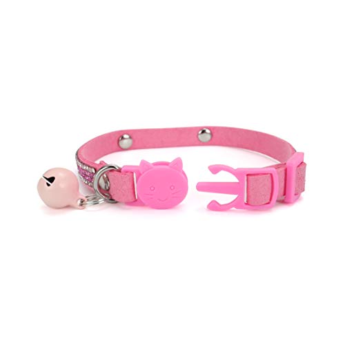 Mogoko Personalized Breakaway Cat Diamond Collar, Customized Bling Kitten Pet Collar with Engraved ID Name Plate and Bell（Pink） - color: Pink