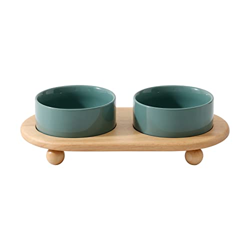 Havniva Raised Cat Bowls Water Bowl 5.1” Elevated Ceramic Cat Food and Water Bowl Whisker Friendly Pet Food Bowls for Indoor Cats, Wide Cat Water Dish Prevent Whisker Fatigue Non Slip Cat Feeder - color: 2 x Bowl + Stand - Dark Green