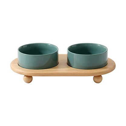 Havniva Raised Cat Bowls Water Bowl 5.1” Elevated Ceramic Cat Food and Water Bowl Whisker Friendly Pet Food Bowls for Indoor Cats, Wide Cat Water Dish Prevent Whisker Fatigue Non Slip Cat Feeder - color: 2 x Bowl + Stand - Dark Green