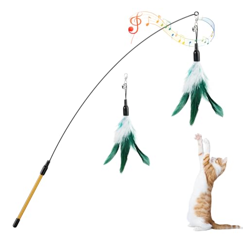 Pawaboo Feather Teaser Cat Toy, Interactive Feather Wand Cat Toy Flying Feather Cat Catcher with Extra Long 34.5" Wand and Small Bell, Fun Exerciser Playing Toy for Kitten or cat, White & Green - color: White & Green