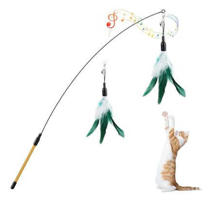 Pawaboo Feather Teaser Cat Toy, Interactive Feather Wand Cat Toy Flying Feather Cat Catcher with Extra Long 34.5" Wand and Small Bell, Fun Exerciser Playing Toy for Kitten or cat, White & Green - color: White & Green