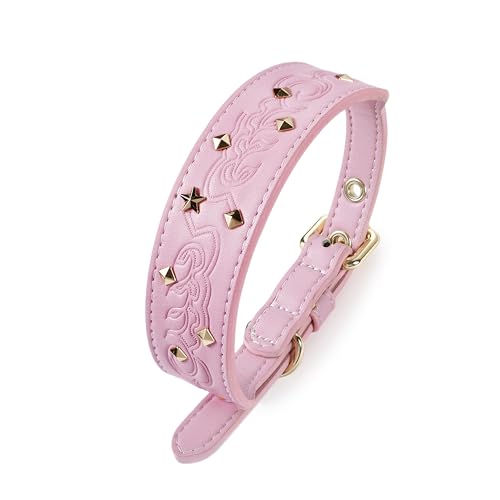Blueberry Pet Premium Embossed Pink Glam Silver-Powered Freshness Microfiber Leather Dog Collar with Gold Studs - color: Pink, size: Small
