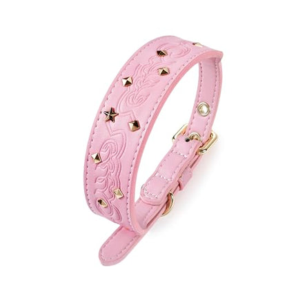 Blueberry Pet Premium Embossed Pink Glam Silver-Powered Freshness Microfiber Leather Dog Collar with Gold Studs - color: Pink, size: Small