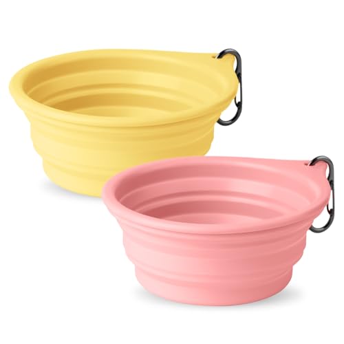 Dog Bowl Travel Collapsible Bowls 2 Pack, Portable Foldable Cats Dogs Water Dish Puppy Bowl (Pink1775 + Yellow1205) - color: Yellow + Pink