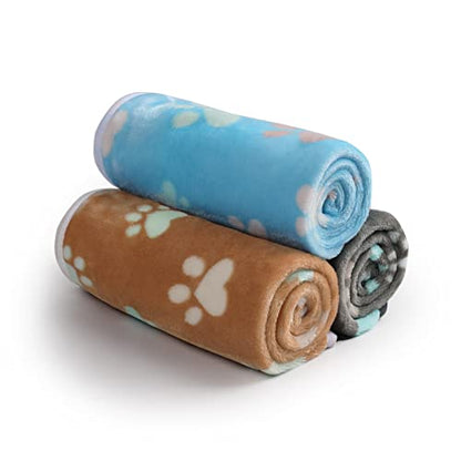 Luciphia 1 Pack 3 Blankets Fluffy Premium Fleece Pet Blanket Flannel Paw Printed Throw for Dog Cat(Small 23x16'', Grey/Brown/Blue) - color: Paw2, size: 23x16 inch (Pack of 3)