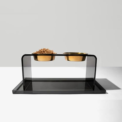Hiddin Smoke Grey Acrylic Pet Feeder Overflow Tray, Modern Spill Mat for Dogs and Cats, Protects Floors from Water and Food Mess, Durable Lucite, Easy to Clean, Pairs with Elevated Dog Bowl Stand - size: Large