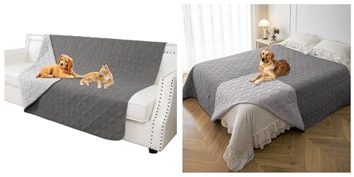 Waterproof Dog Blanket, Small Pet Couch Covers for Sofa, Chair Bed Furniture Protector Washable Reversible(82"x102",Lightgrey+Darkgrey and 52"x82", Lightgrey+Darkgrey)