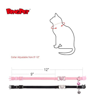 BINGPET Cat Collar Breakaway with Bell, Pack of 2 Heart Bling Collar Safety with Soft Velvet Adjustable for Kittens - color: Heart (Pink + Black)-2pcs