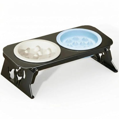 Elevated Ceramic Slow Feeder Bowls, 2 Bowls & Black Stainless Steel Stand,for Cats and Small Medium Dogs, 1.5 Cups*2,Raised Cat Food and Water Bowl Set, Blue & White