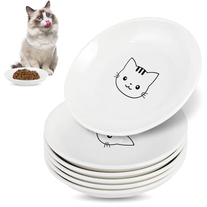 6 Pack Cat Food Bowl, Ceramic Cat Bowls, Anti Whisker Fatigue Cats Bowl Set,5.5 Inches Shallow Wide Kitten Plates for Food and Water (White-C) - color: White-C