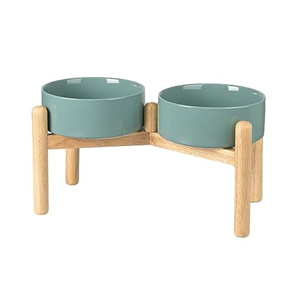 SPUNKYJUNKY Ceramics Elevated Dog Feeding Stand with Wooden Base - Double 60oz Bowls for Medium Large Dogs (Dark Green) - color: Dark Green (Double Bowls Set), size: Large - 7.6 CUPS