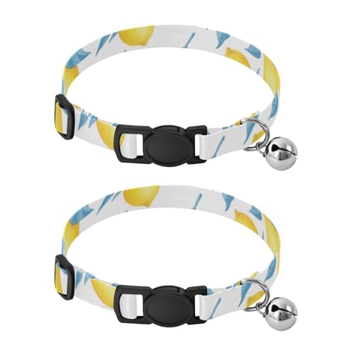 Yellow Lemons Blue Leaves Dog Collar with Bell 2 Pack Dog Collar Adjustable 10.6 to 17.1 Inches - color: Yellow Lemons Blue Leaves
