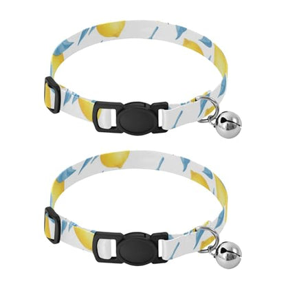 Yellow Lemons Blue Leaves Dog Collar with Bell 2 Pack Dog Collar Adjustable 10.6 to 17.1 Inches - color: Yellow Lemons Blue Leaves