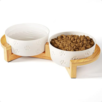 Ceramic Dog Bowls with Stand - Medium Dog Bowl Set with Stand Non-Slip - 2 Ceramic Dishes with Anti-Skid Bamboo Stand for Medium Dogs - Elevated Dog Bowls Set of 2 - Raised Pet Feeding Station - color: White with Stand, size: Medium