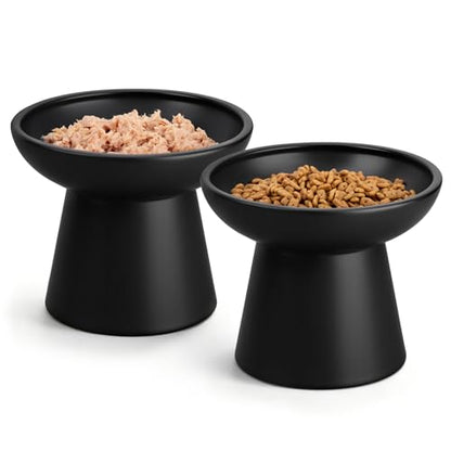 vancasso Elevated Cat Food Bowls 2-Pack, 6.2" Wide Shallow Cat Feeding Bowl for Whisker Fatigue, 5.1" Height Ceramic Raised Food Bowls for Senior Cats, Anti Vomit, Black - color: Black-Food 2-pack