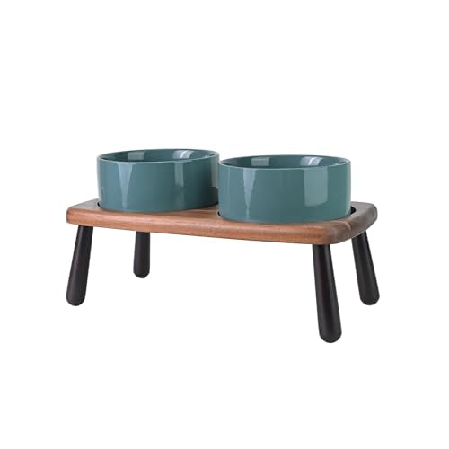 SPUNKYJUNKY Ceramic Elevated Dog Bowls Raised with Acacia Bamboo Wooden Stand, 6.1'' Dog Cat Food Water Bowls Set Non-Slip for Small Medium Sized Breed Microwave Dishwasher Safe - 28.7 OZ,Dark Green - color: Dark Green, size: 6.1 in - Dual