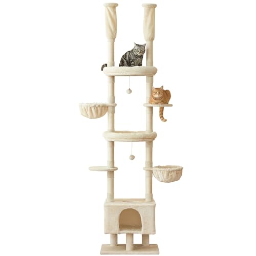 Cat Tree, Floor to Ceiling Cat Tower Adjustable Height [92.9-102.4 in=235-258cm], 7 Tiers Cat Climbing Play House with Scratching Post, Cozy Condo & Hammocks for Indoor Cats, Beige - color: Beige