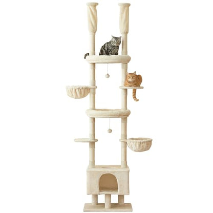Cat Tree, Floor to Ceiling Cat Tower Adjustable Height [92.9-102.4 in=235-258cm], 7 Tiers Cat Climbing Play House with Scratching Post, Cozy Condo & Hammocks for Indoor Cats, Beige - color: Beige