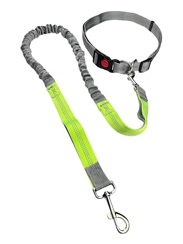 Hands Free Dog Leash for Running Waist Leash for Dog Walking, Double Handle Bungee Leash with Reflective Stitching and Adjustable Dog Walking Belt, Grey/Green - color: Grey/Green