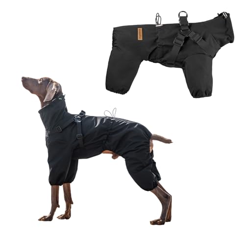 PAWBOSE Dog Raincoat with Harness for Medium and Large Dogs, Adjustable Waterproof Dog Rain Jacket,Reflective Rainproof Puppy 4 Legs Raincoat-Black,XL