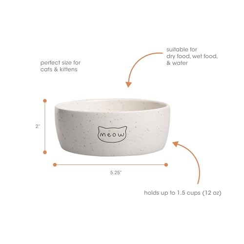 Pearhead Ceramic Meow Cat Bowl, Holds 12 oz, Whisker-Friendly Pet Dish for Food and Water, Modern Speckled White - color: Speckled "Meow", size: Single Bowl