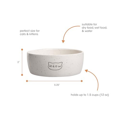 Pearhead Ceramic Meow Cat Bowl, Holds 12 oz, Whisker-Friendly Pet Dish for Food and Water, Modern Speckled White - color: Speckled "Meow", size: Single Bowl