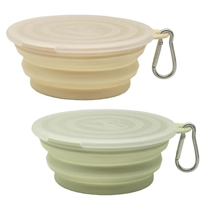 Small Collapsible Dog Bowl 12oz,2 Pack Portable and Foldable Pet Travel Bowls with 2 Carabiners & Lids for Dogs Cats and Small Animals (Macaron Yellow+Green, 350ml)