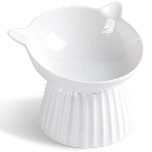 Ceramic Raised Cat Bowl，Tilted Raised Cat Bowl Anti Vomit Cat Bowls for Indoor Cats Whisker Friendly Pet Feeder for Cats Puppies, Microwave and Dishwasher Safe - color: White