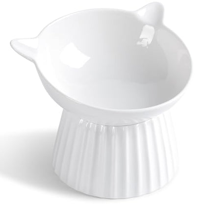Ceramic Raised Cat Bowl，Tilted Raised Cat Bowl Anti Vomit Cat Bowls for Indoor Cats Whisker Friendly Pet Feeder for Cats Puppies, Microwave and Dishwasher Safe - color: White