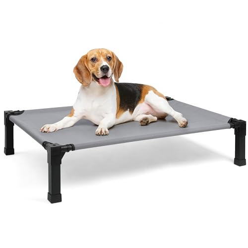 Heeyoo Elevated Dog Bed, Cooling Raised Pet Cot with Chew Proof Washable Breathable Mesh and Metal Frame, Portable Dog Cot Bed with No-Slip Feet for Outdoor or Indoor Use - color: Grey, size: 42"L x 30"W x 8.4"H