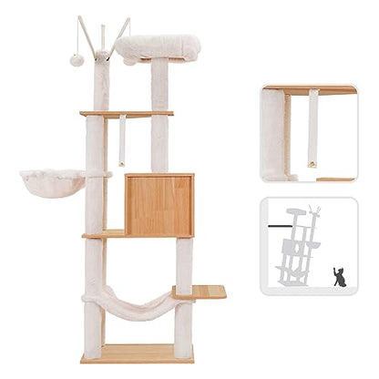 Hey-brother Wooden Cat Tree, 66.1“ Cat Furniture with Scratching Posts, Modern Cat Tower with hammocks, Toys, cat condo, Walnut MPJ120WB - color: Walnut