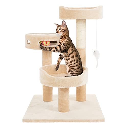 Cat Tree - 3-Tier Tall Cat Tower Condo with 2 Napping Perches, Sisal Rope Scratching Post, Hanging Mouse and Interactive Wheel Toy by PETMAKER (Beige), 27.5" - color: Beige