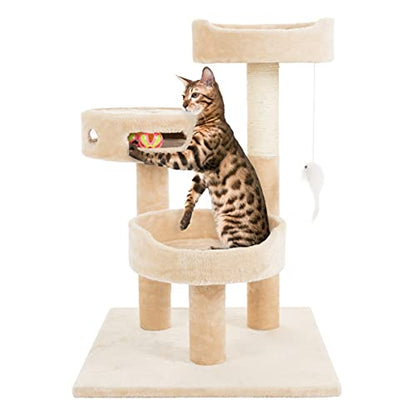 Cat Tree - 3-Tier Tall Cat Tower Condo with 2 Napping Perches, Sisal Rope Scratching Post, Hanging Mouse and Interactive Wheel Toy by PETMAKER (Beige), 27.5" - color: Beige