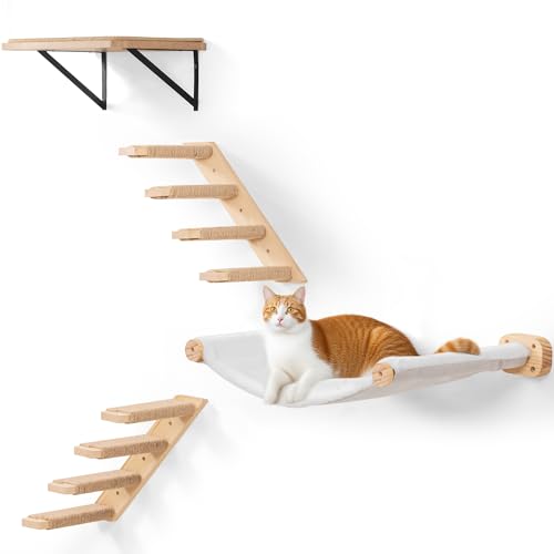 Cat Stairs Hammock Set of 4 – Cat Wall Shelves with 1 Floating Fabric Hammock, 1 Flat Shelf, 2 Wall Ladders with 4 Steps Each - color: 2 Pack 4 Steps & 1 Shelf & 1 Hammock